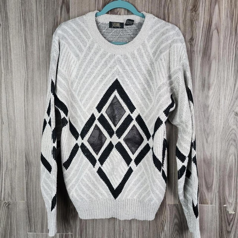Stefano Man Vintage Geometric Argyle Knit‎ Sweater Grey Black Faux Leather Patch
